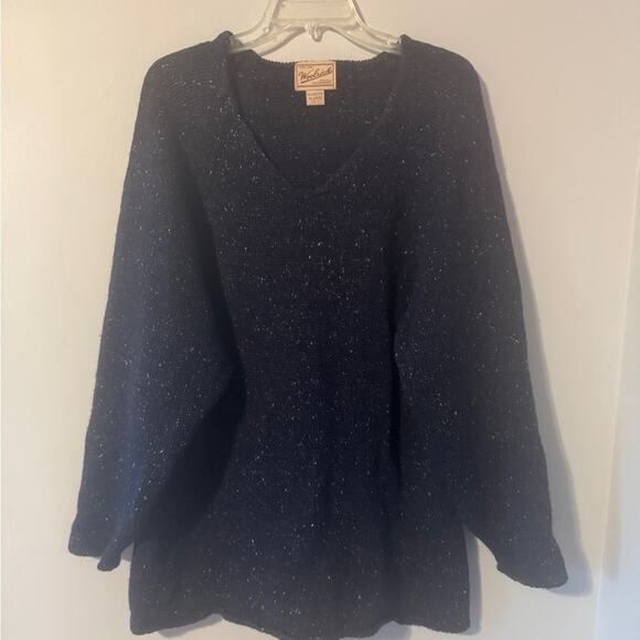 Vintage Woolrich Women's Navy Blue Speckled 100% Wool V-Neck Sweater size XL - Picture 2 of 5